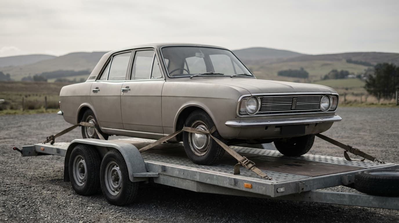 A clean car secured on an enclosed transport trailer, representing insured vehicle transport