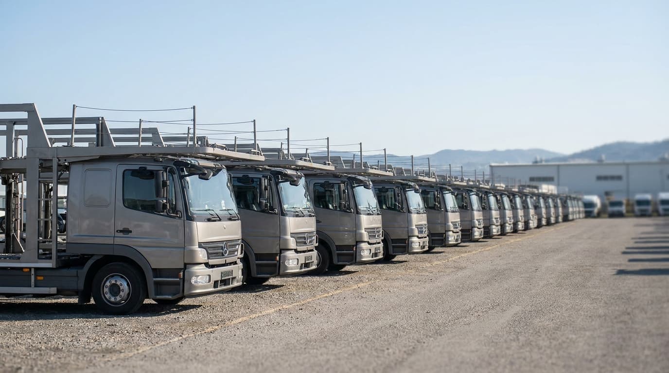A row of open auto-transport carriers lined up at a logistics depot under bright daylight