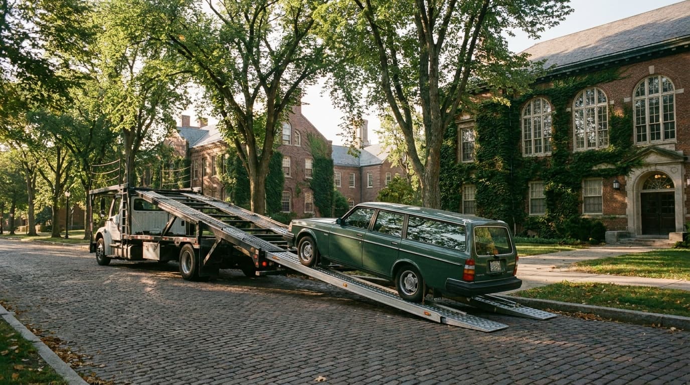A car being loaded onto a transport carrier near a college campus at the start of a semester