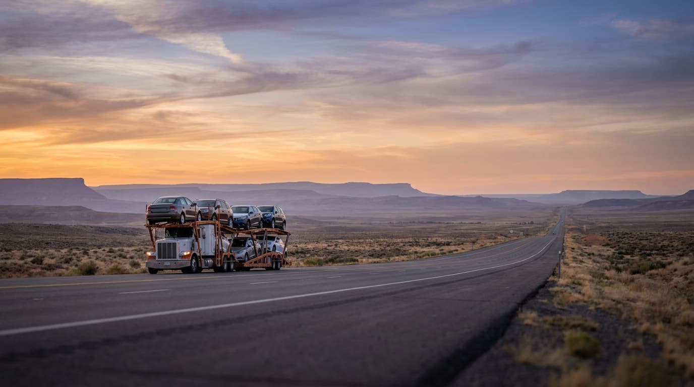 An open car carrier crossing a vast open landscape at sunset on a long-distance haul