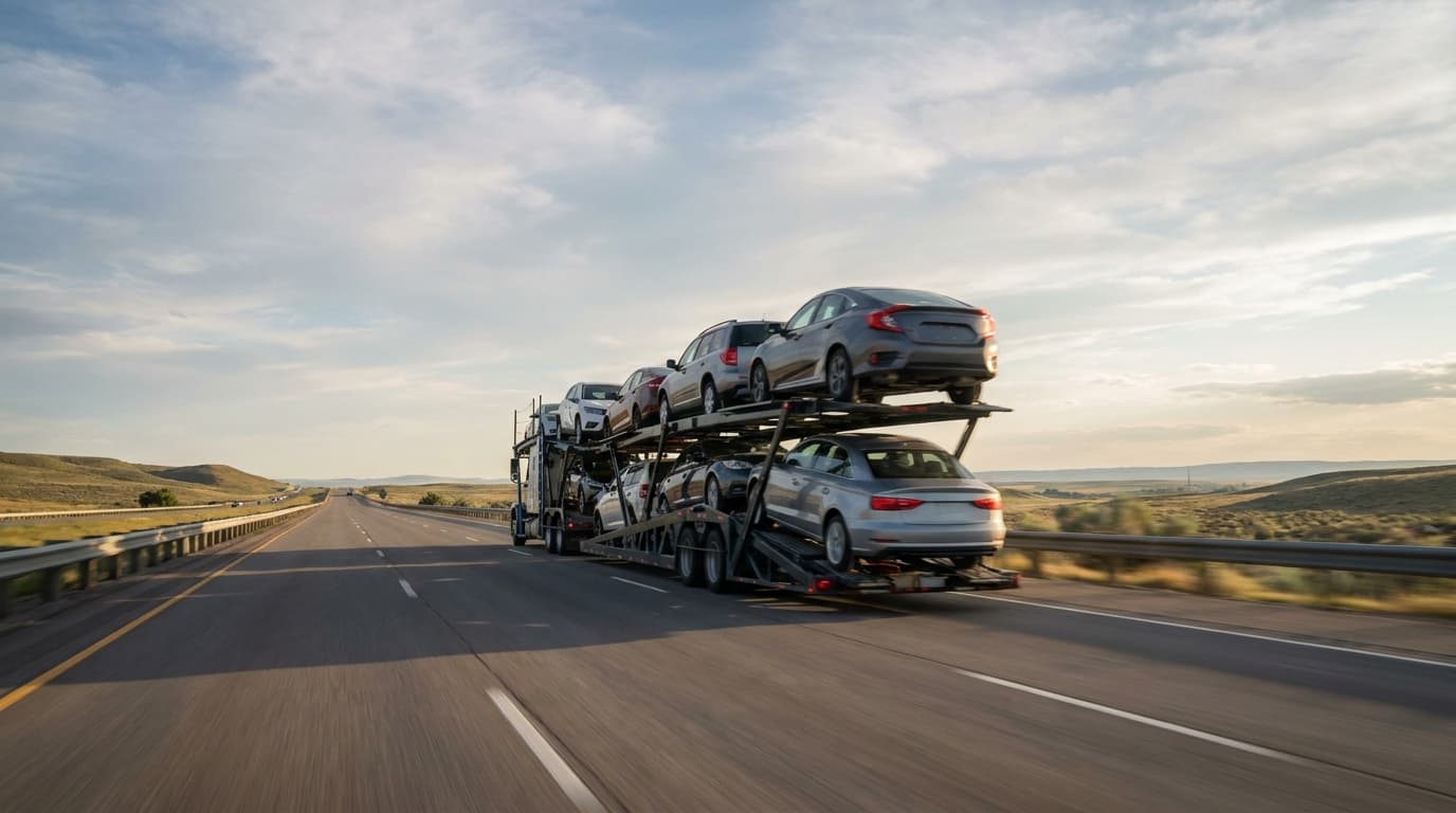 An auto transport carrier driving at speed on an open interstate, conveying transit time and distance
