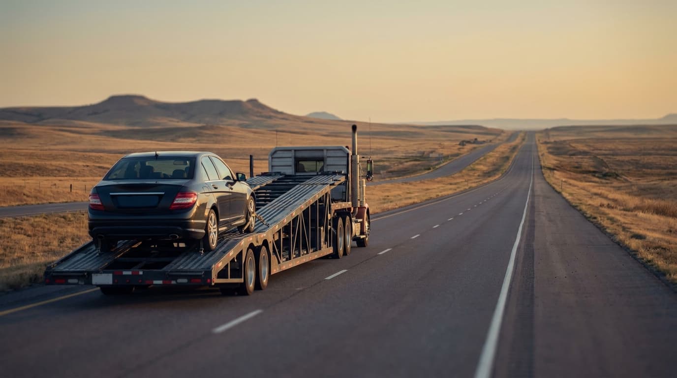 A single vehicle secured on an open car carrier traveling a long open interstate through wide countryside