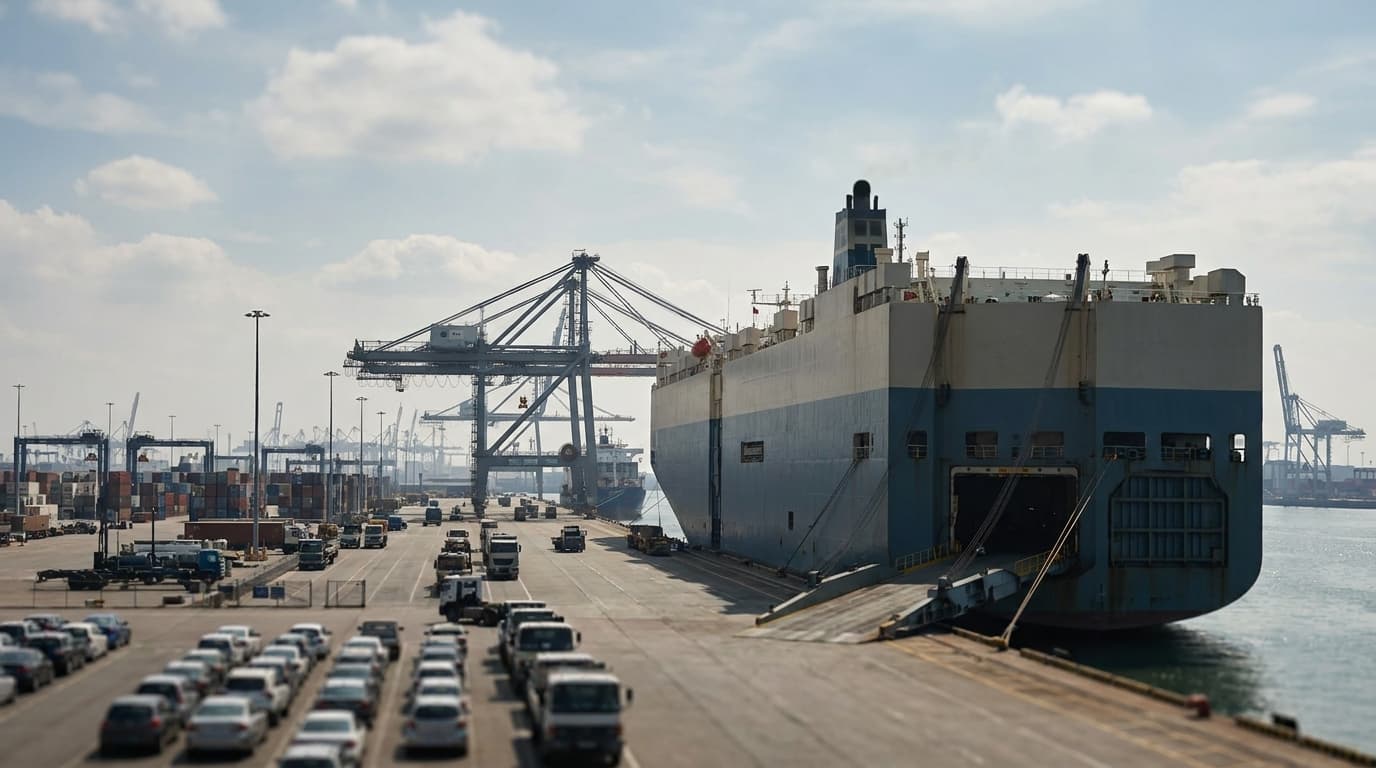 A large ocean vehicle carrier ship docked at a port being loaded with cars