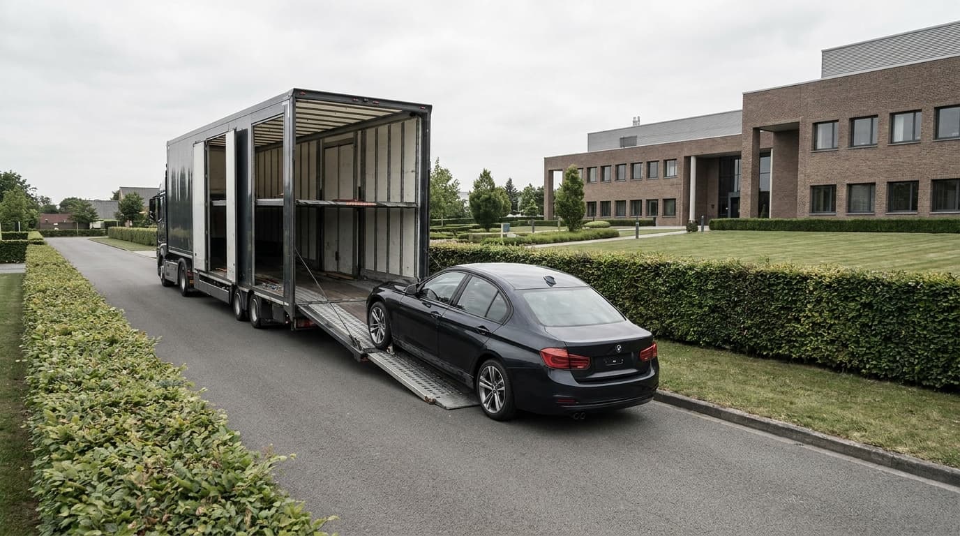 A car being loaded onto a transport carrier outside a military base for a PCS move