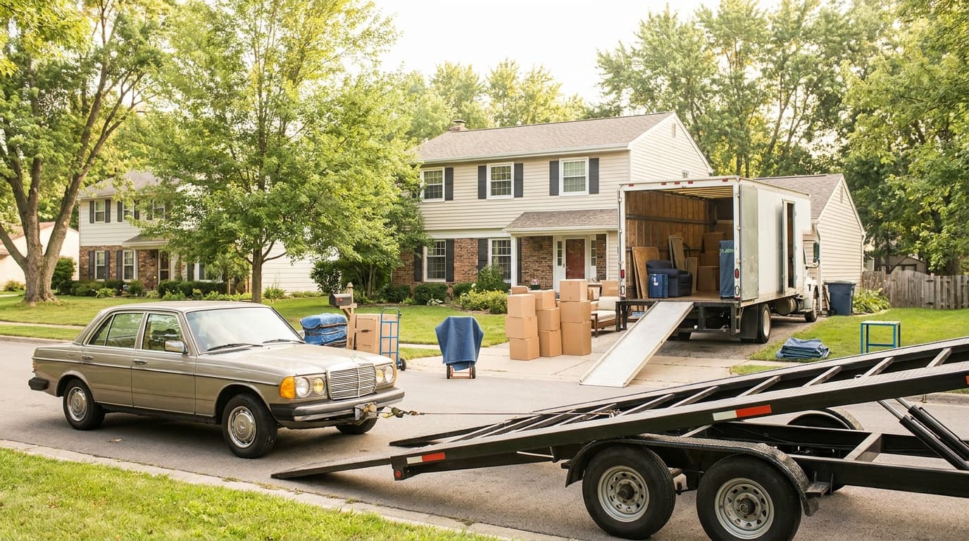 A car being loaded onto a transport carrier outside a home with a moving truck nearby