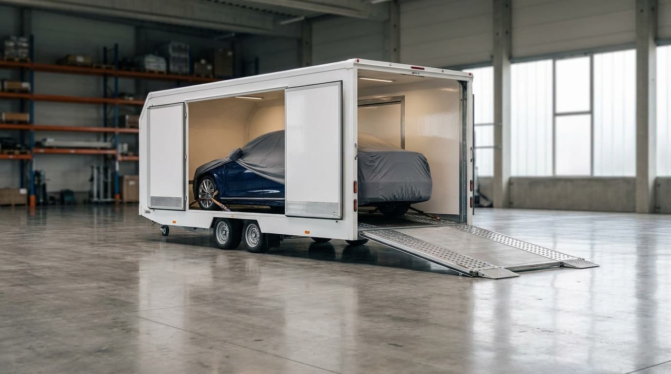 A white enclosed car-transport trailer with its rear ramp lowered revealing a covered vehicle inside a clean depot