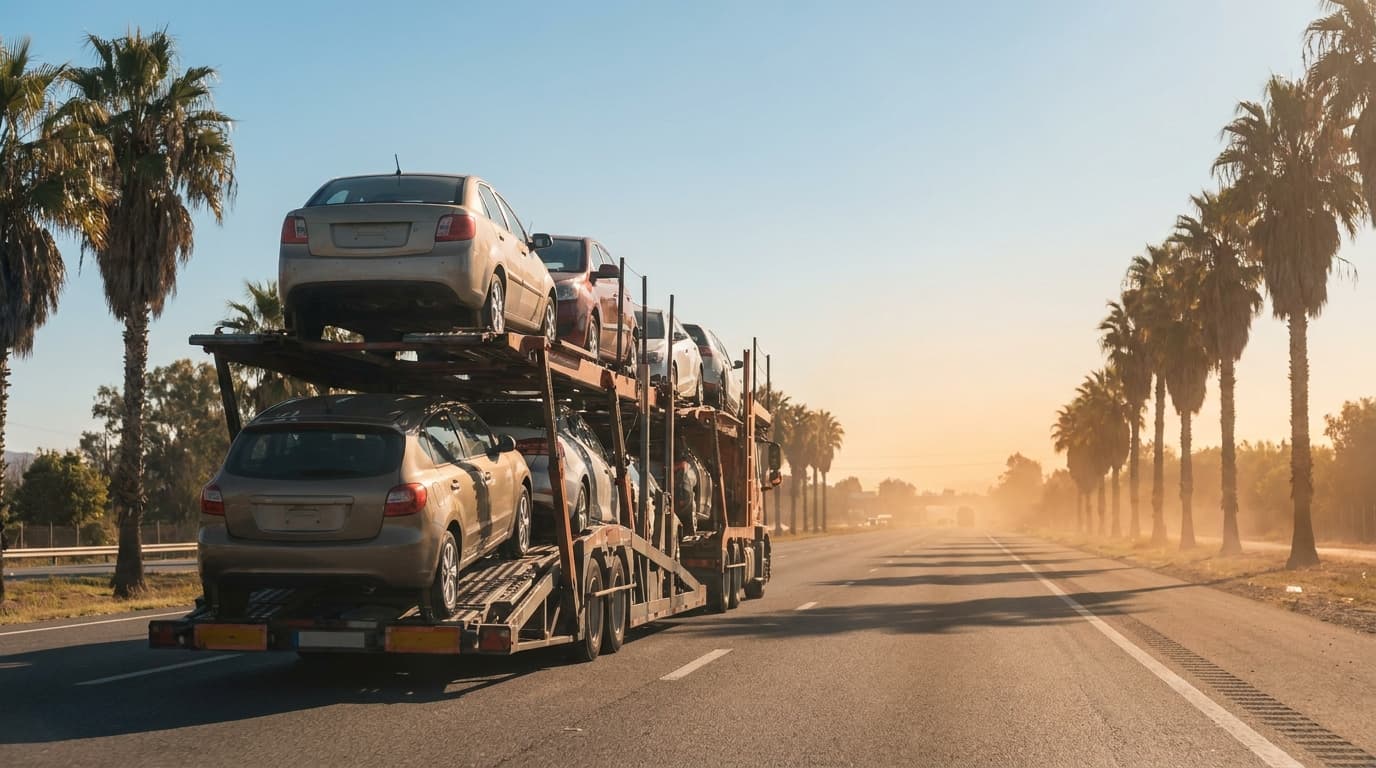 A car carrier loaded with vehicles heading south on a sunny highway toward palm trees