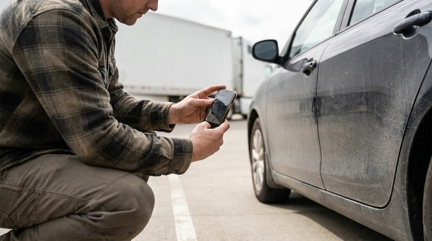 A car owner photographing damage on a delivered vehicle to document a transport claim