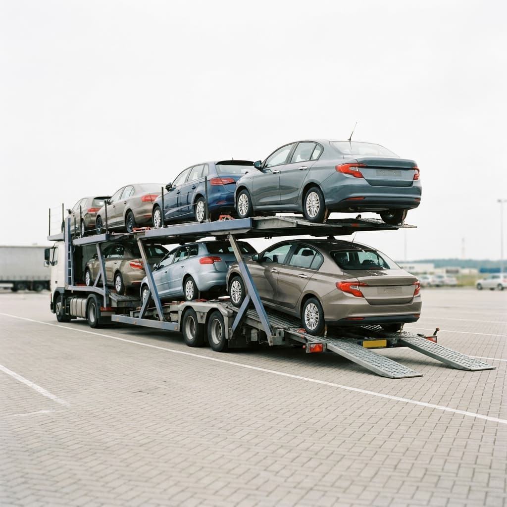 Open car carrier loaded with vehicles