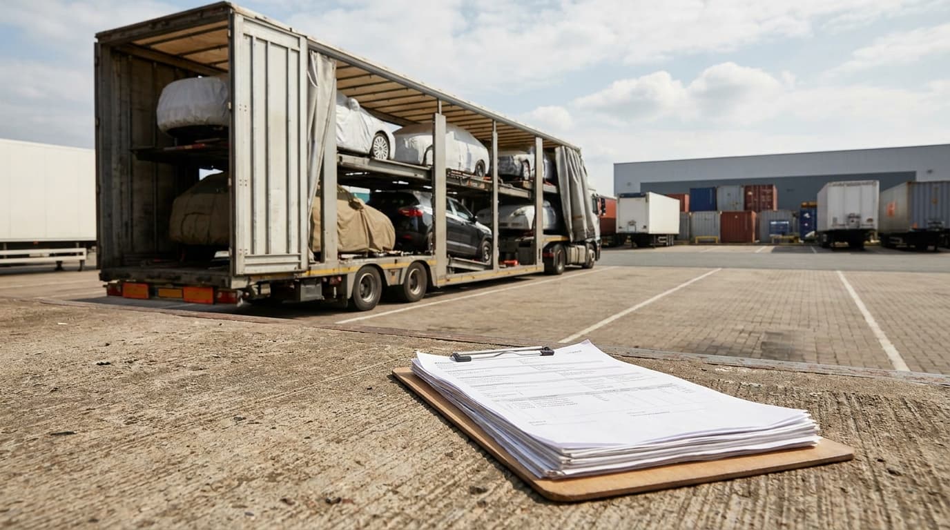 A car carrier at a depot alongside shipping documents, representing auto transport terminology