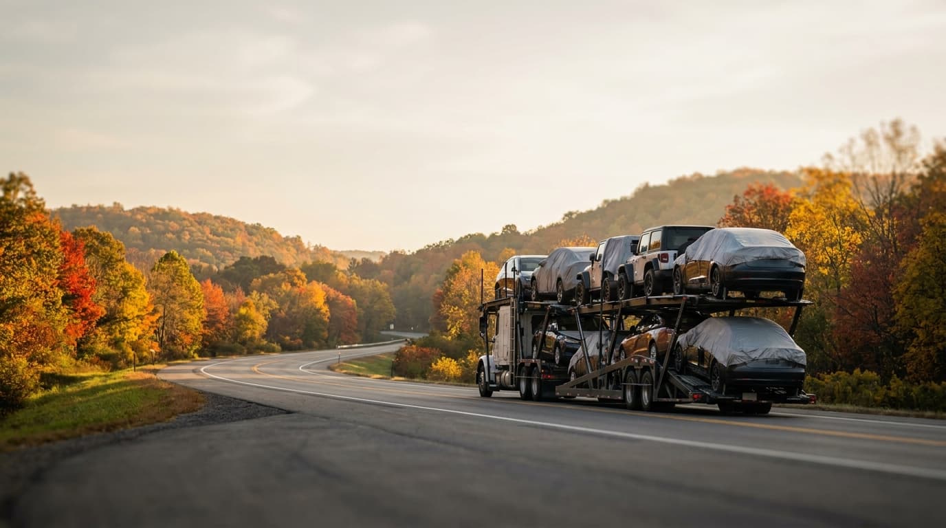 A car carrier on a highway with autumn foliage, suggesting seasonal shipping timing