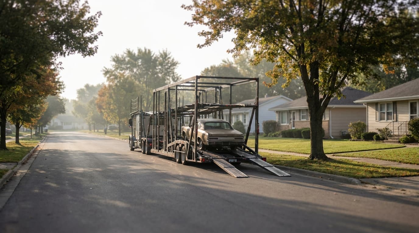 An auto transport carrier picking up a car on a residential street for door-to-door service