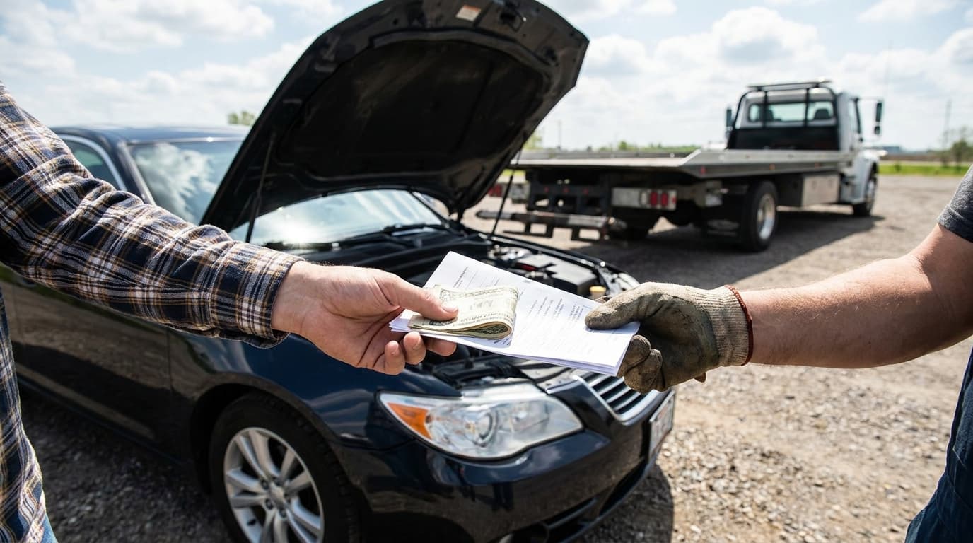 A vehicle owner handing payment and paperwork to a transport driver at delivery
