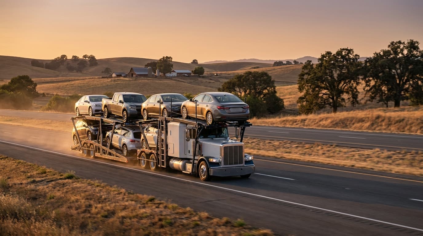An open car-carrier truck loaded with vehicles driving on an open highway at golden hour