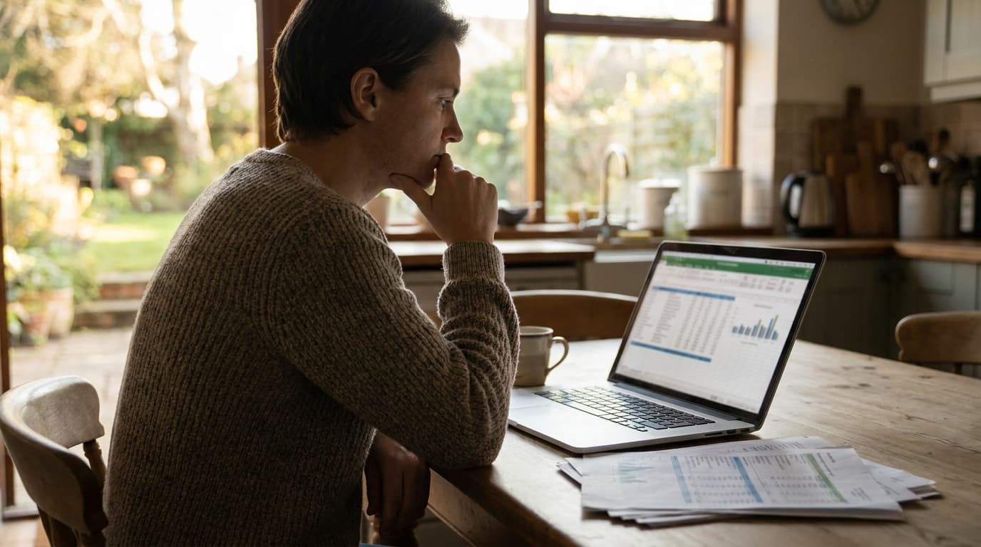 A person carefully comparing car shipping quotes on a laptop at a kitchen table