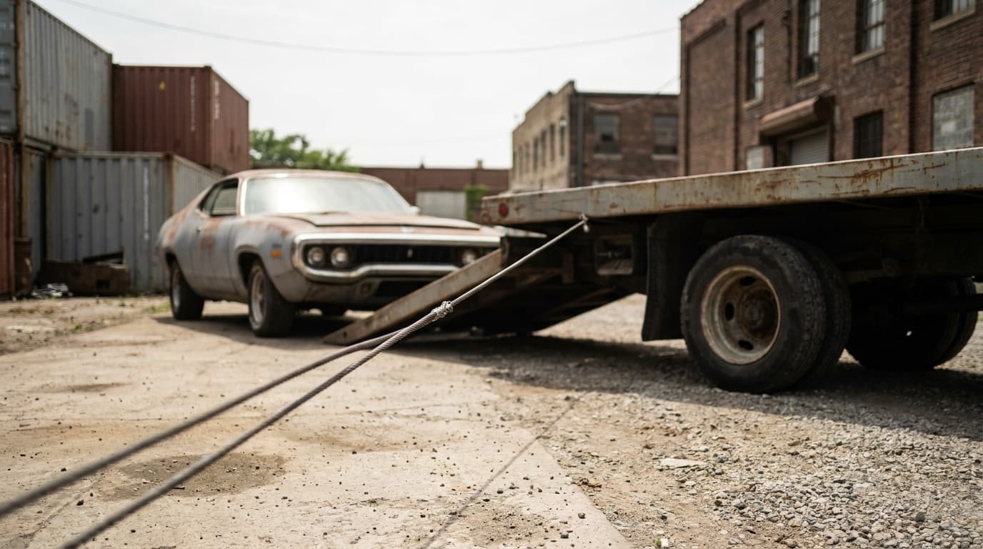 A non-running project car being winched onto a flatbed car carrier