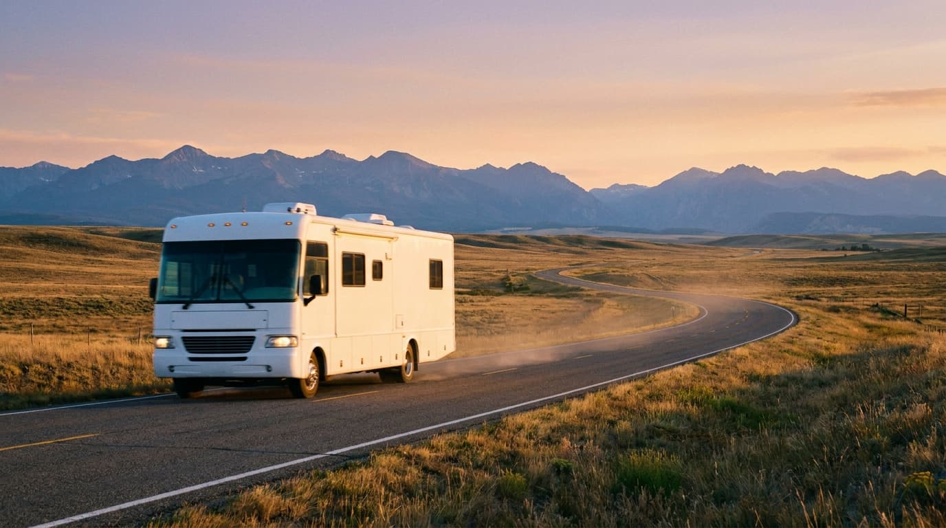 A large Class A motorhome traveling on an open highway through wide scenic countryside