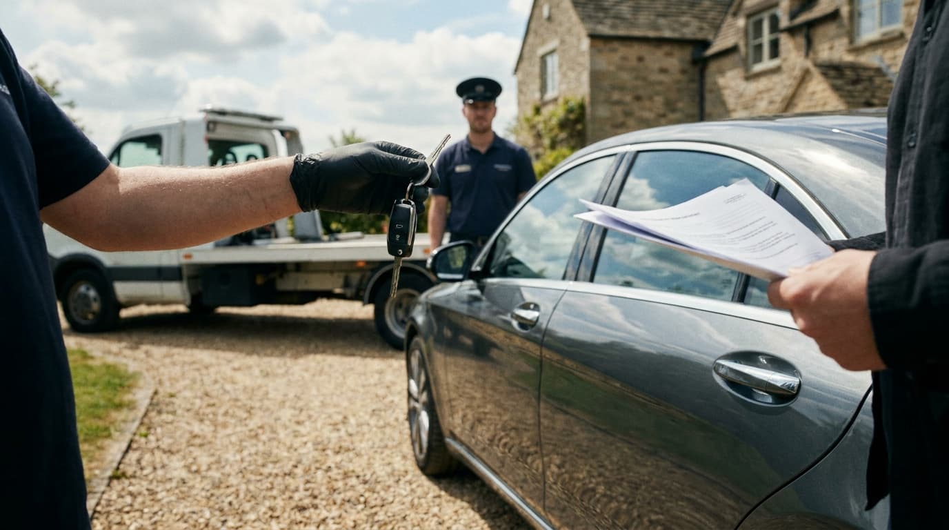 A seller handing over car keys and documents to a transport driver at pickup
