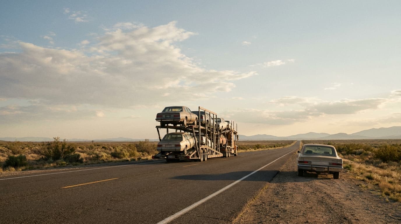A car carrier passing a lone car on a long open highway, illustrating the ship-or-drive decision