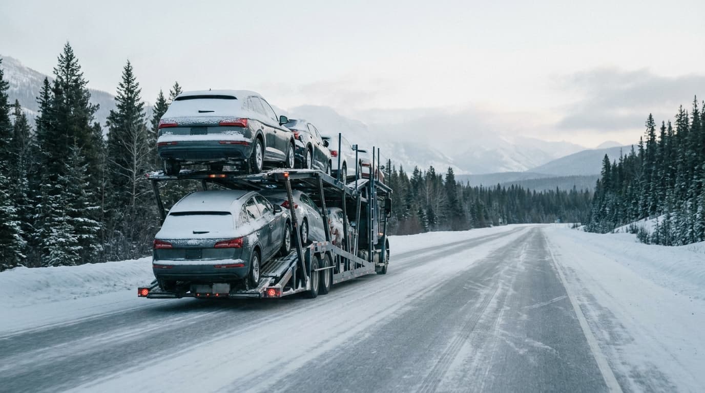 A car carrier driving a snowy winter highway through a cold landscape
