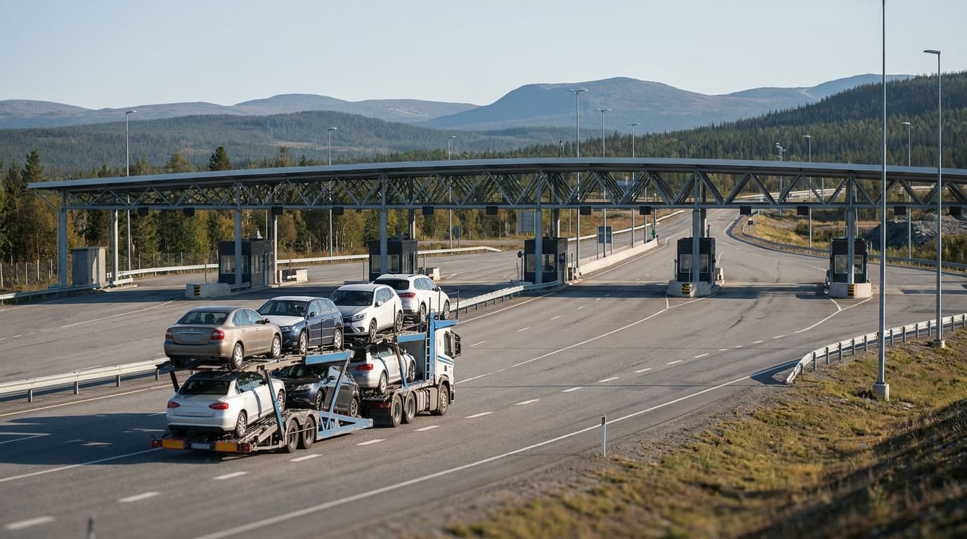 A car carrier approaching a US-Canada border crossing station on the highway