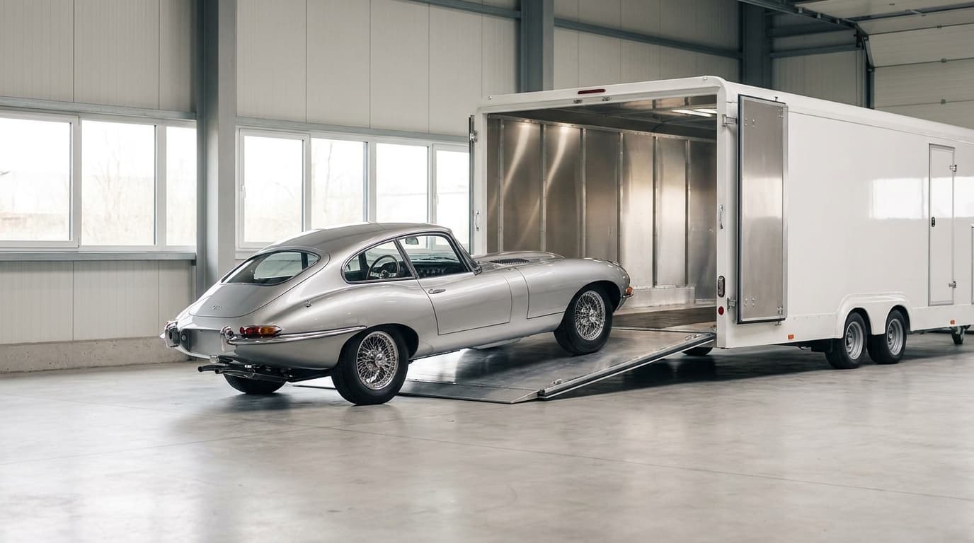 A gleaming classic car being loaded into a clean enclosed transport trailer