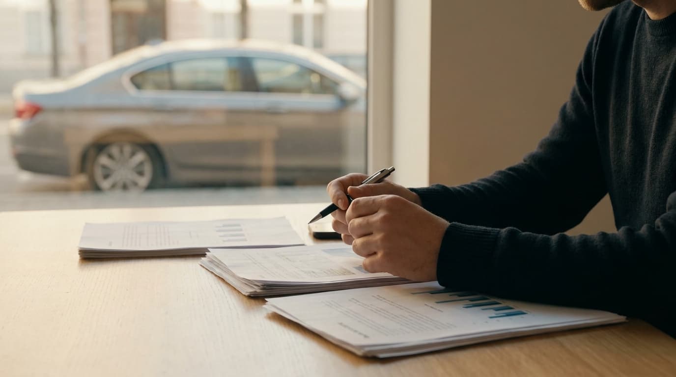 A car owner reviewing finance and lease paperwork beside a car before shipping