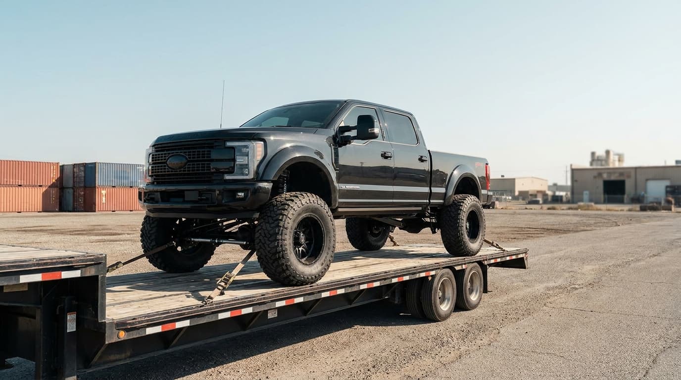 A large lifted pickup truck loaded on an open transport carrier