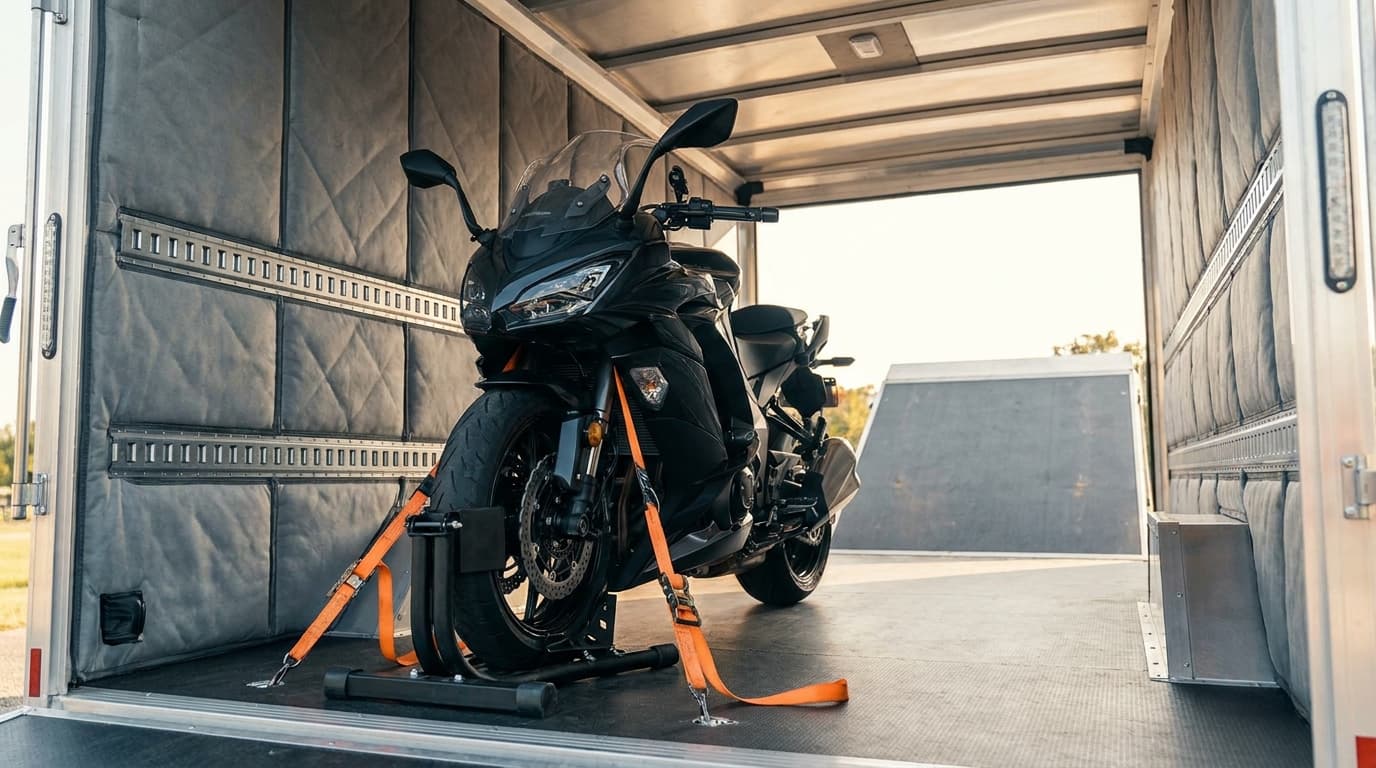 A motorcycle securely strapped upright inside an enclosed transport trailer