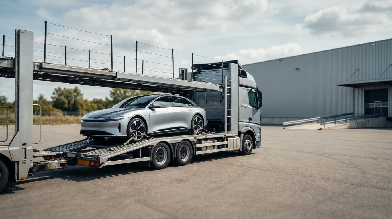 A modern electric vehicle loaded on an open car transport carrier