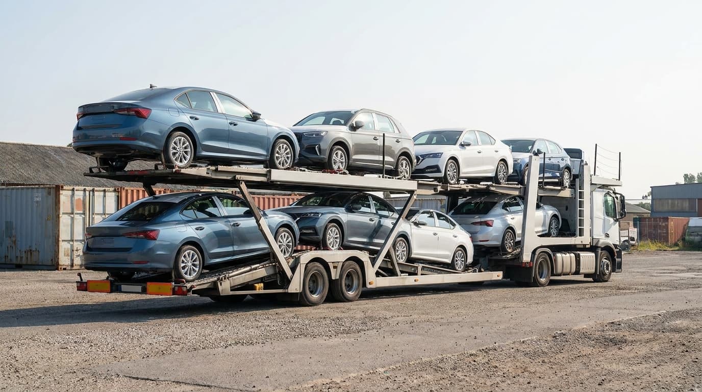 A car carrier fully loaded with several vehicles ready for a multi-car shipment