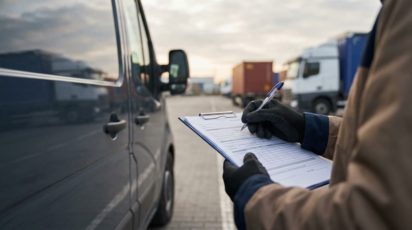 A driver filling out a vehicle condition report on a clipboard next to a car at a depot