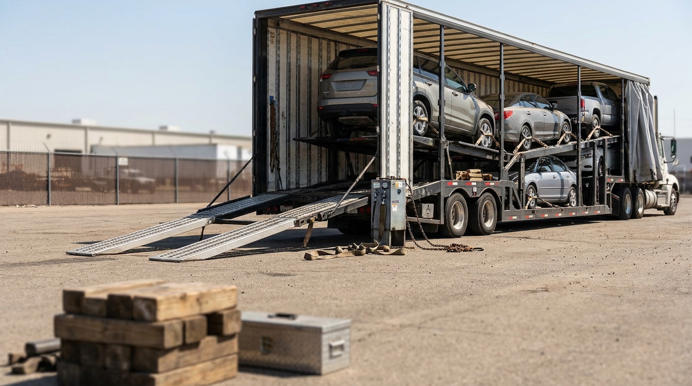 An open car carrier loaded with vehicles, with ramps and wheel straps visible