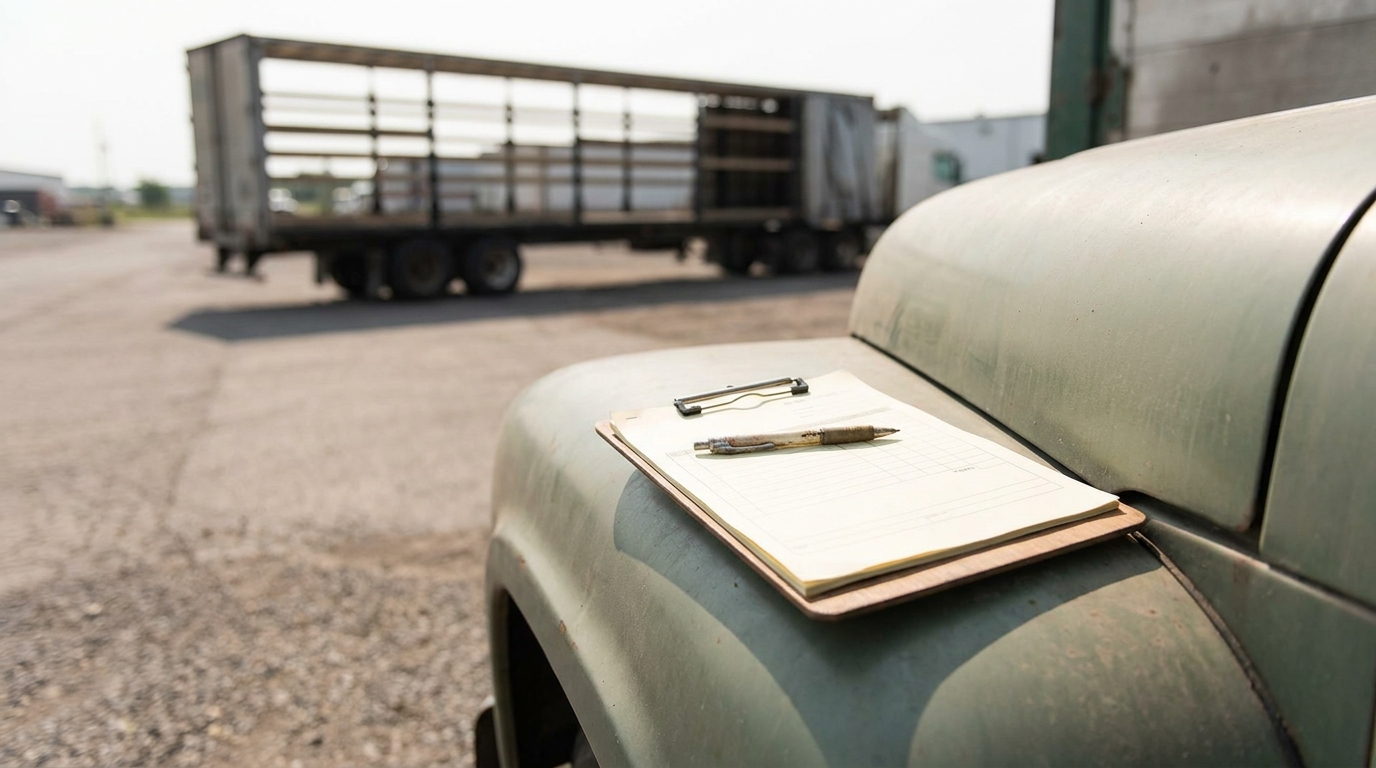A car carrier parked at a depot beside a clipboard and shipping documents