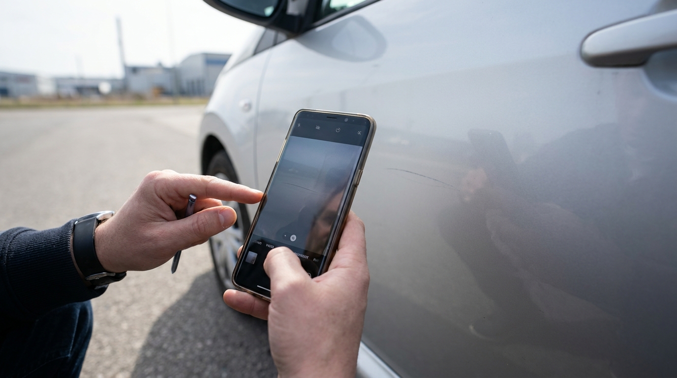 A person photographing a small scratch on a car door at delivery to document a potential insurance claim