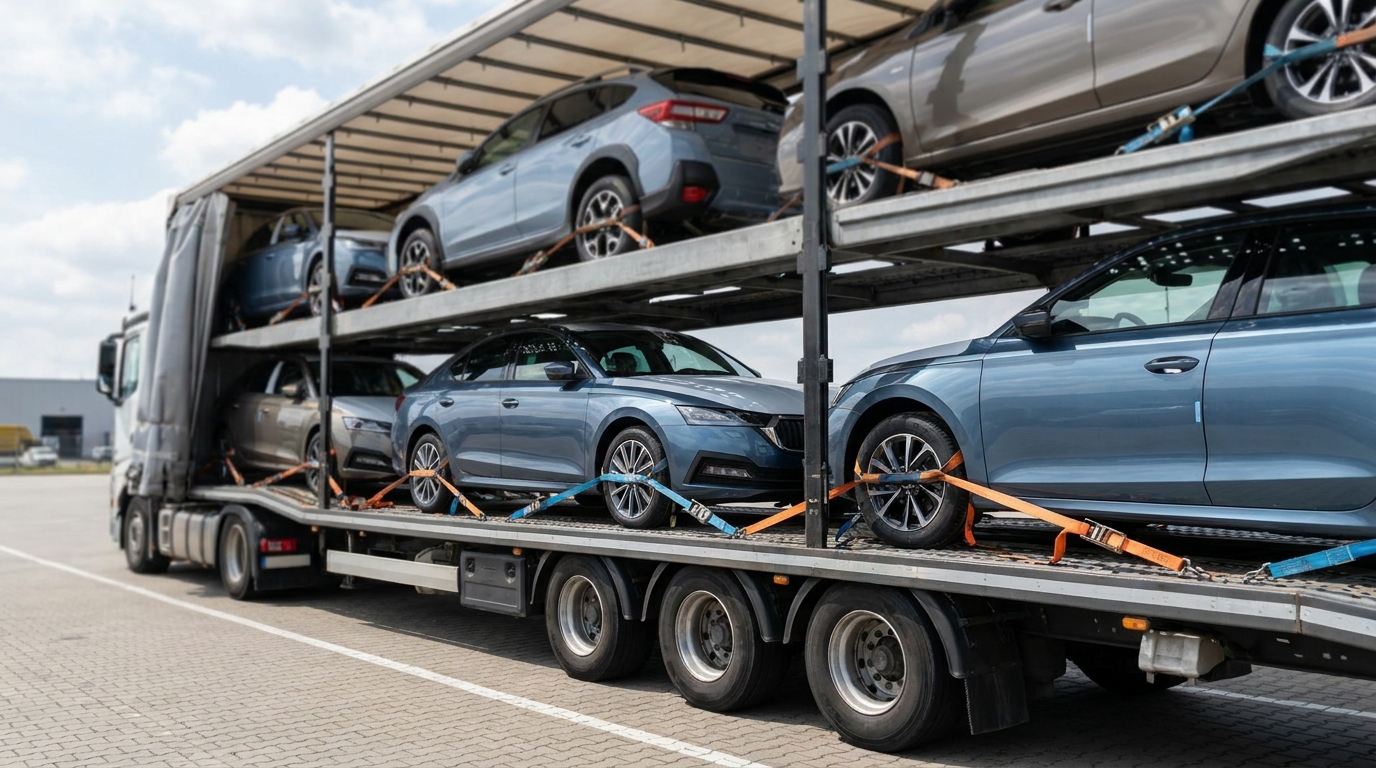 A row of clean vehicles loaded and strapped on an open carrier under bright daylight, representing cars insured while in transit