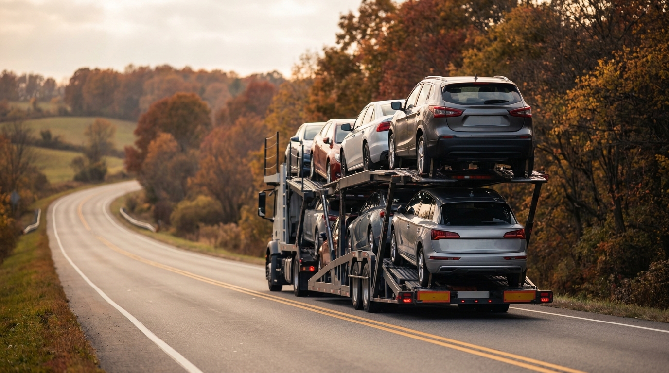 A car carrier traveling a highway lined with autumn trees, evoking seasonal shipping decisions