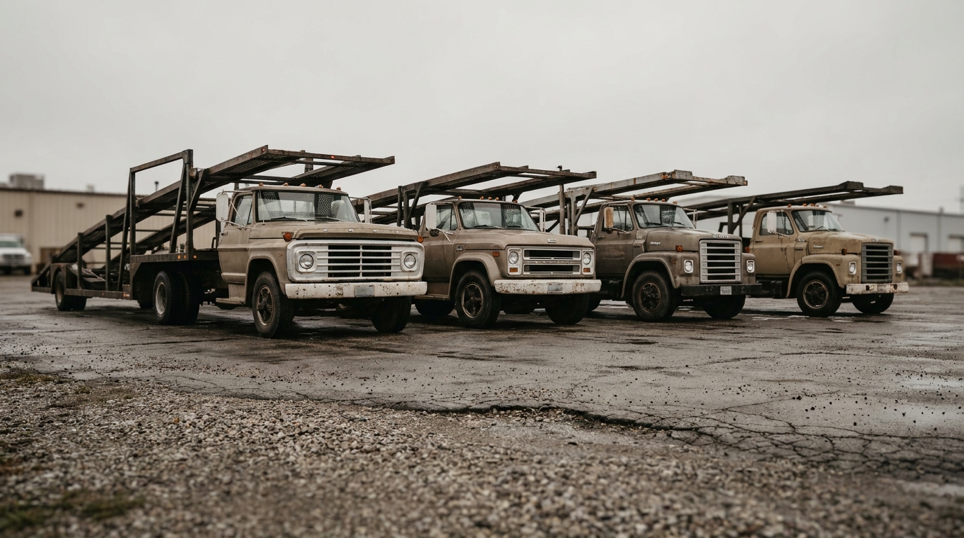 A row of open auto-transport carriers staged at a depot, representing the independent trucks behind national brands