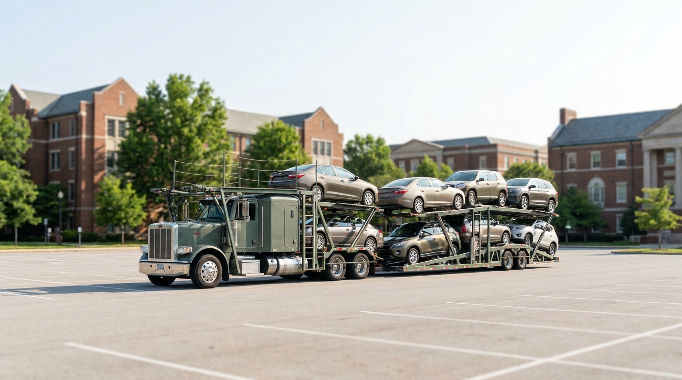 A car being loaded onto an open carrier near a college campus with students moving in