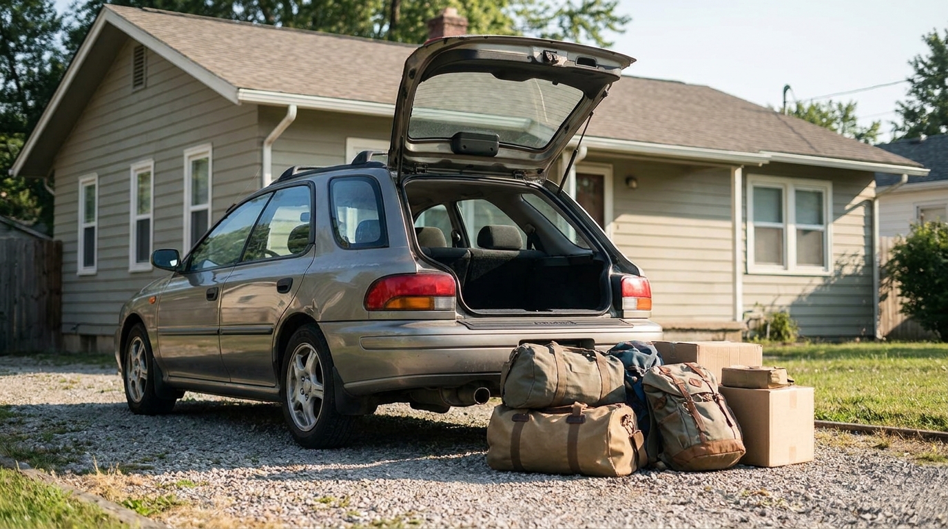 A student loading belongings and preparing a car for transport at the start of a school term