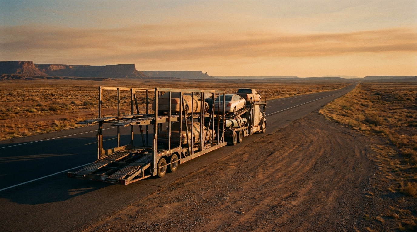 An open car carrier traveling a long empty interstate across a wide western landscape at golden hour