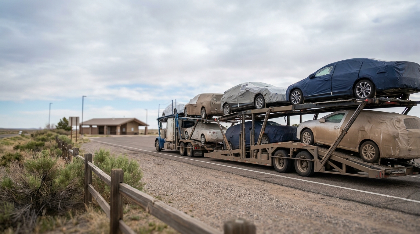 A loaded car carrier at a highway rest area during a long cross-country haul under a wide sky