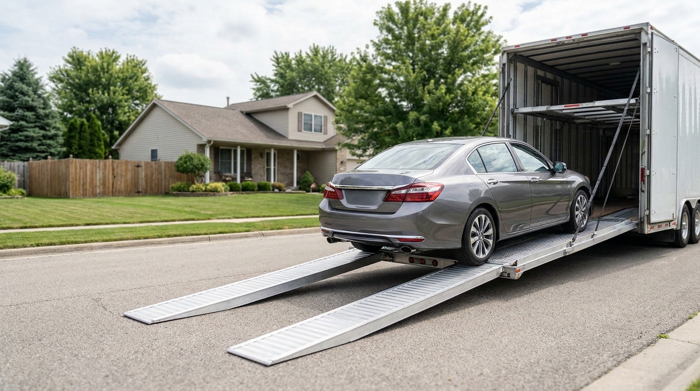 A car being loaded onto a carrier just outside a suburban home for door-to-door pickup