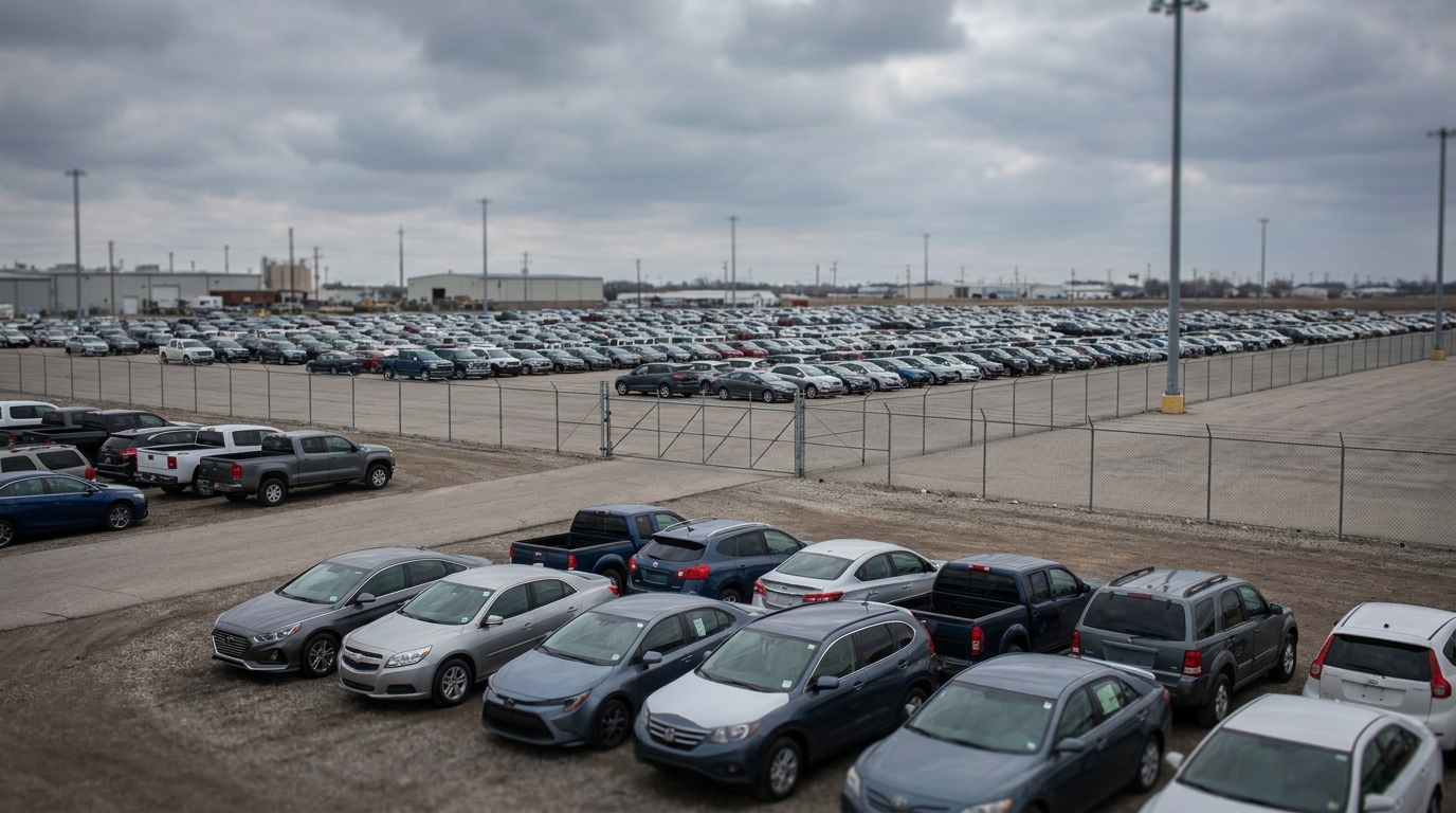 A car parked among others in a large fenced transport terminal storage lot
