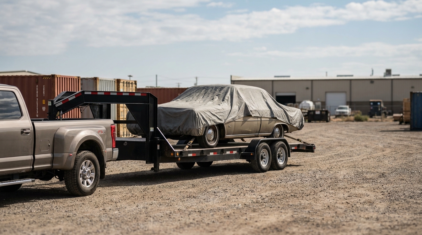A single vehicle loaded on a compact fast hotshot-style transport trailer at a depot
