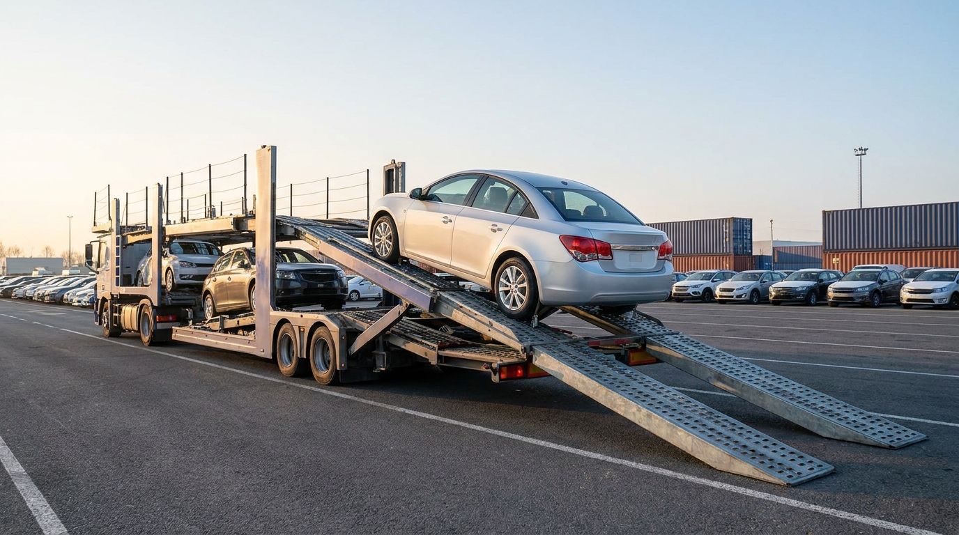 A car being loaded onto a carrier at a depot in an organized, time-sensitive setting