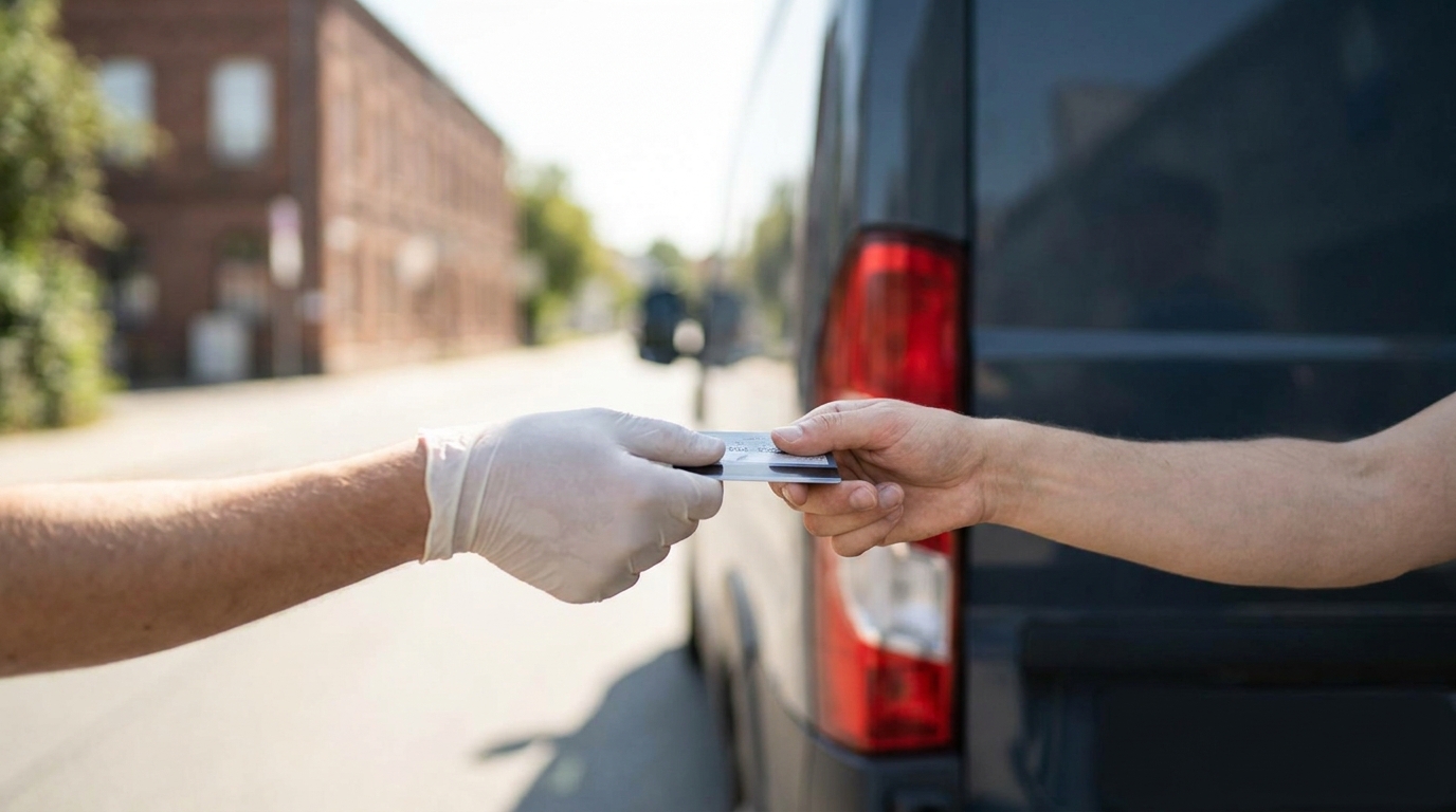 A vehicle owner handing payment to a transport driver beside a delivered car