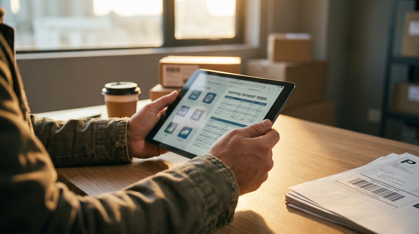 A person reviewing car shipping payment terms and a contract on a tablet