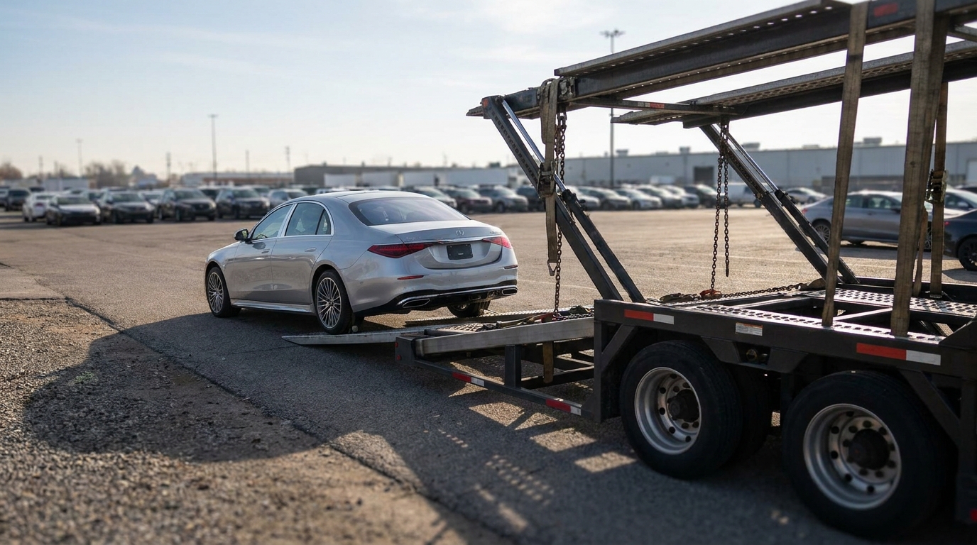 A car being carefully driven up the loading ramp onto an open auto-transport trailer at a vehicle depot