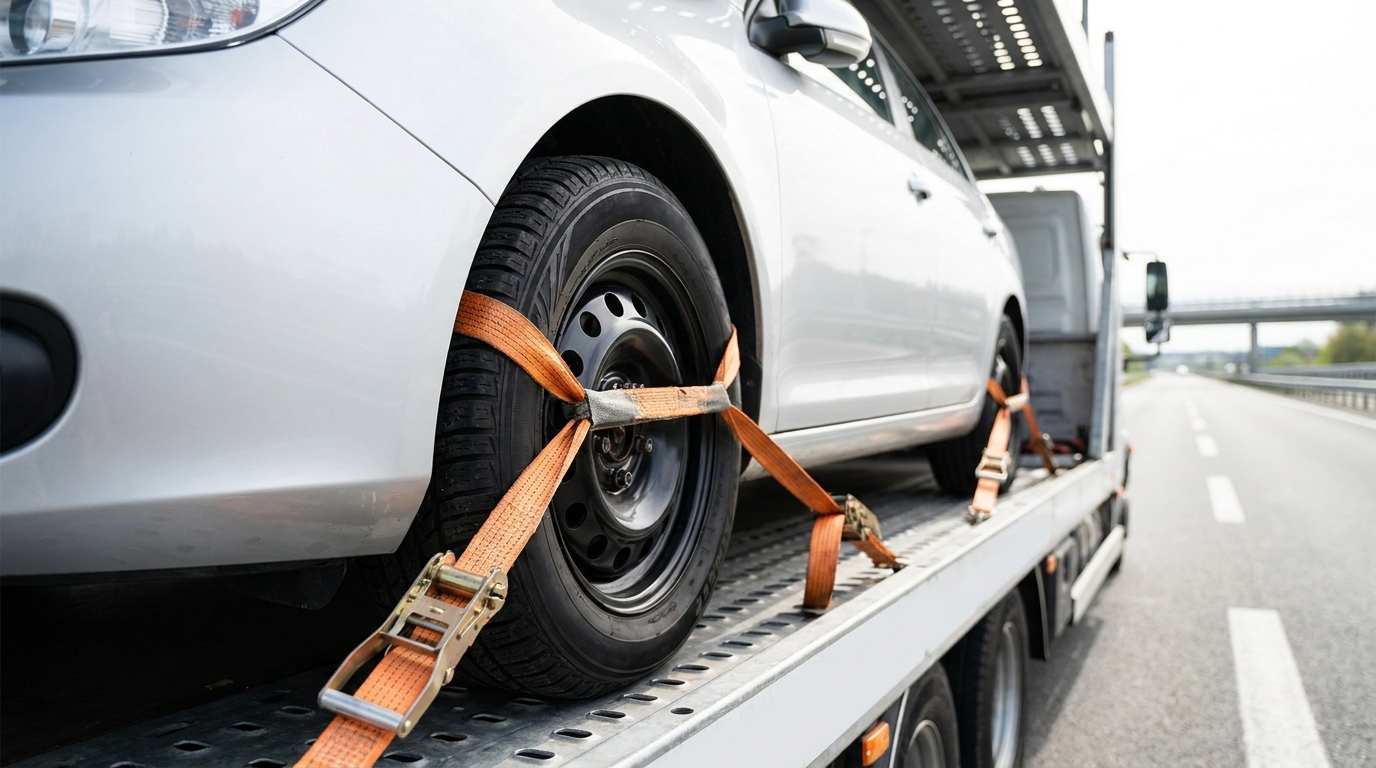 A transported sedan secured with wheel straps on an open carrier trailer, seen from a low angle